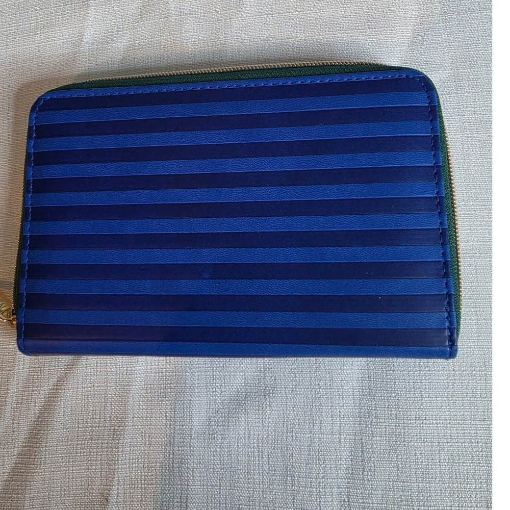 Noted Blue Striped Zip Around Pouch Gold Tone Hardware Accessory
